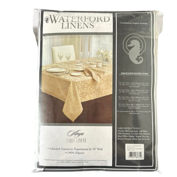 Waterford Linens Anya Tablecloth 90” Round + 4 Napkins Set Polyester Gold Design - Picture 5 of 8